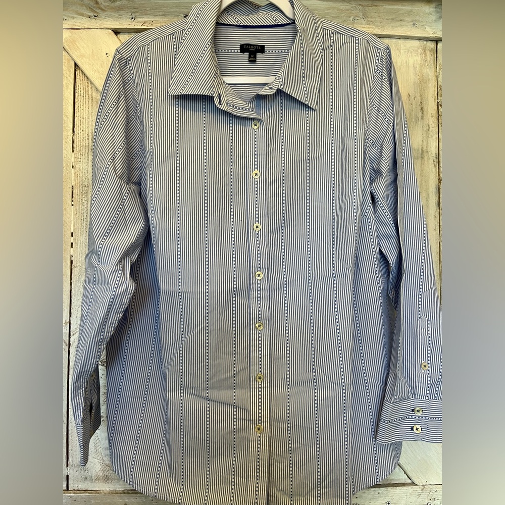 Talbots Women’s Cotton Long Sleeve Blue White Stripe Button Up Blouse Size 1XL